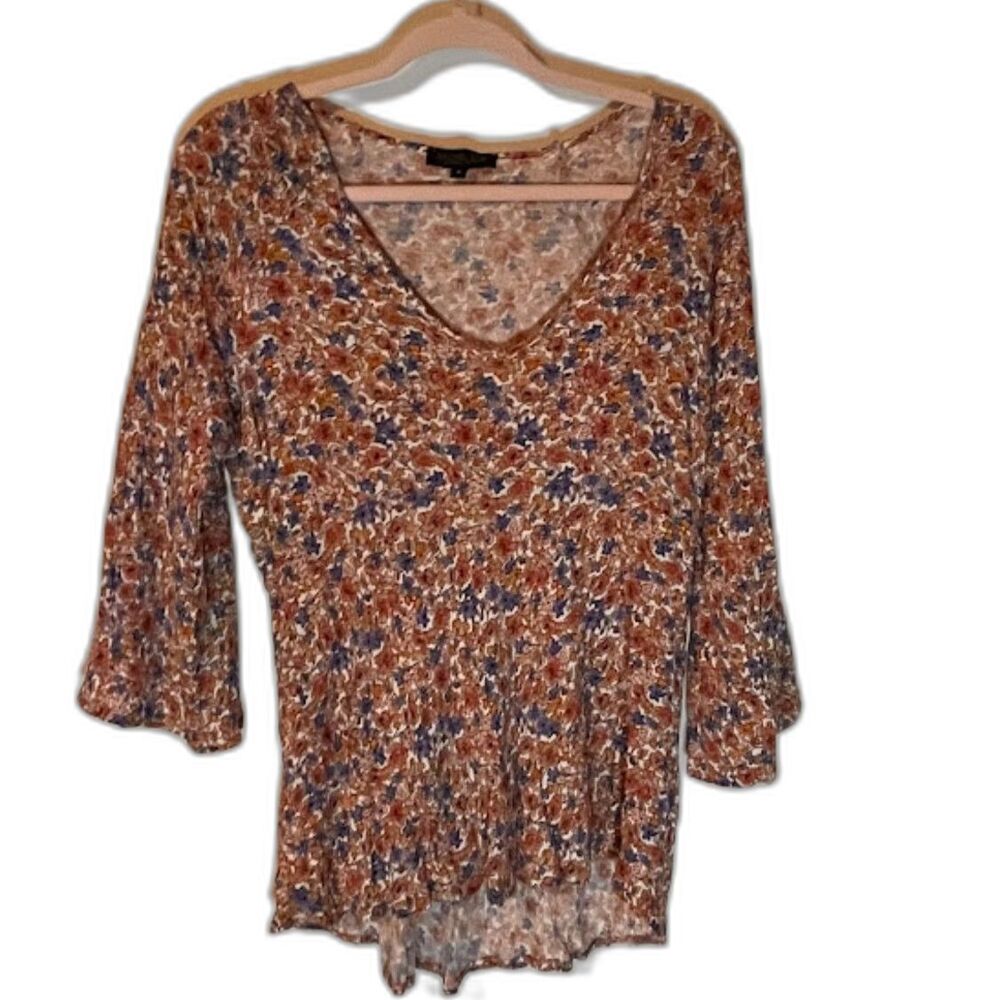 Rachel Zoe Blouse M Blue & Pink Floral 3/4 Bell Sleeves V-Neck Modern Bohochic